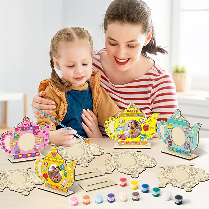 Haooryx Wooden Picture Photo Frame - 12 Pcs Mother's Day Color Your Own DIY Tea Pot Mom Uncolored Wooden Display Pictures Photo Frames Collage Set Wall Hanging Wall Tabletop Mounting Tabletop Display