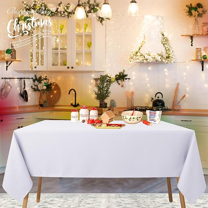 Biscaynebay Fabric Tablecloths 60x108 Inches Rectangular, White Water Resistant Tablecloths for Dining, Kitchen, Wedding and Parties etc. Machine Washable