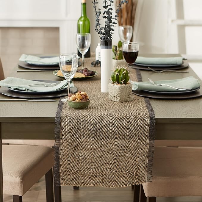 DII Jute Burlap Collection Kitchen Tabletop, Table Runner, 14x72, Chevron Gray