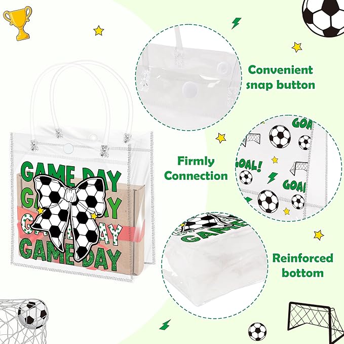 H1vojoxo Soccer Party Gift Bags - 24PCS Soccer Clear PVC Gift Bags with Handles Bulk 4 Styles Sports Theme PVC Plastic Gifts Wrap Tote Bag Reusable Clear Gift Bag for Ball Team Birthday Party Favor