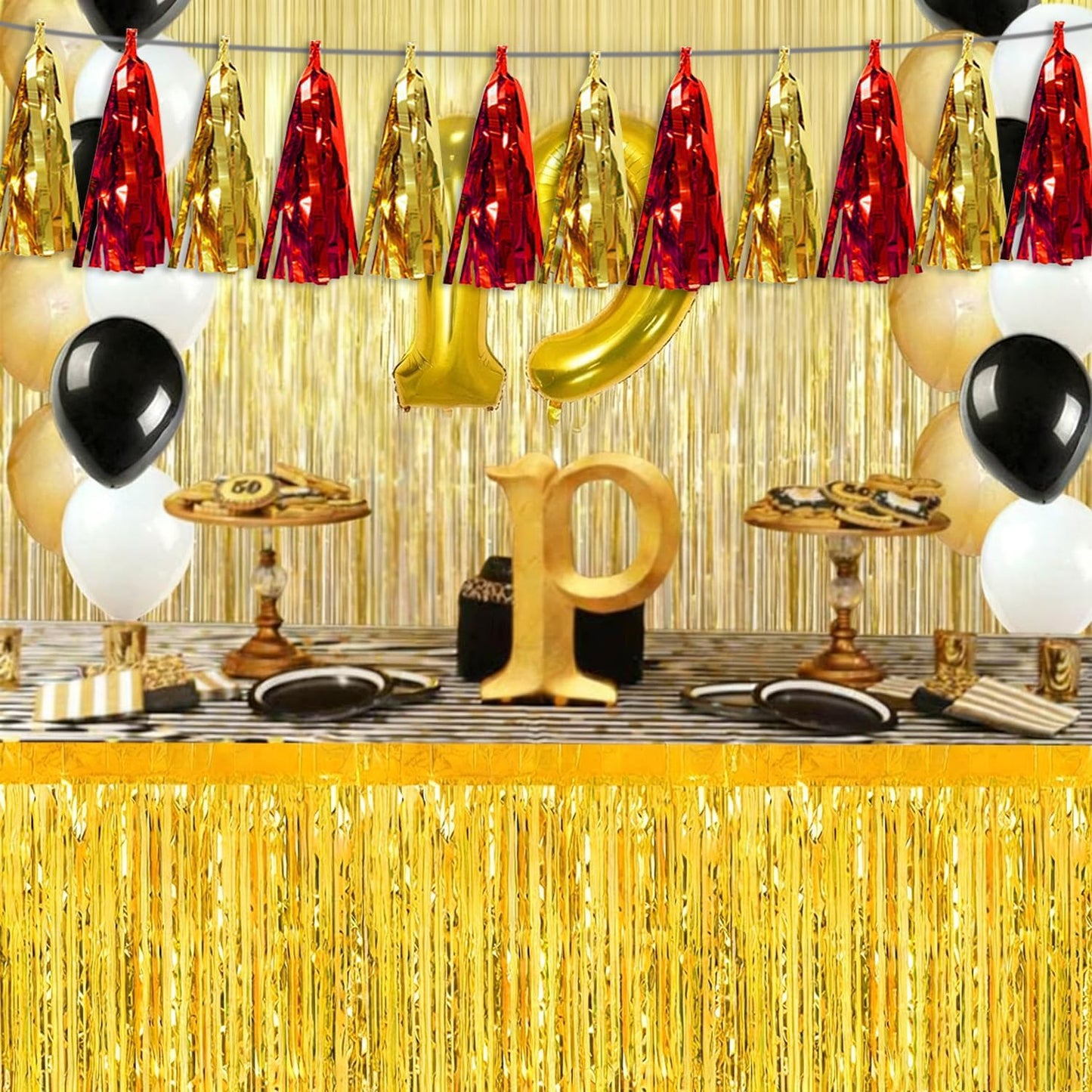 3P Red Gold Tassel Banner Garland Metallic Foil Fringe Banner Tinsel Tassels Streamer Banner Backdrop for Parade Floats Graduation Halloween, Christmas, Baby Bridal Shower Party Decorations