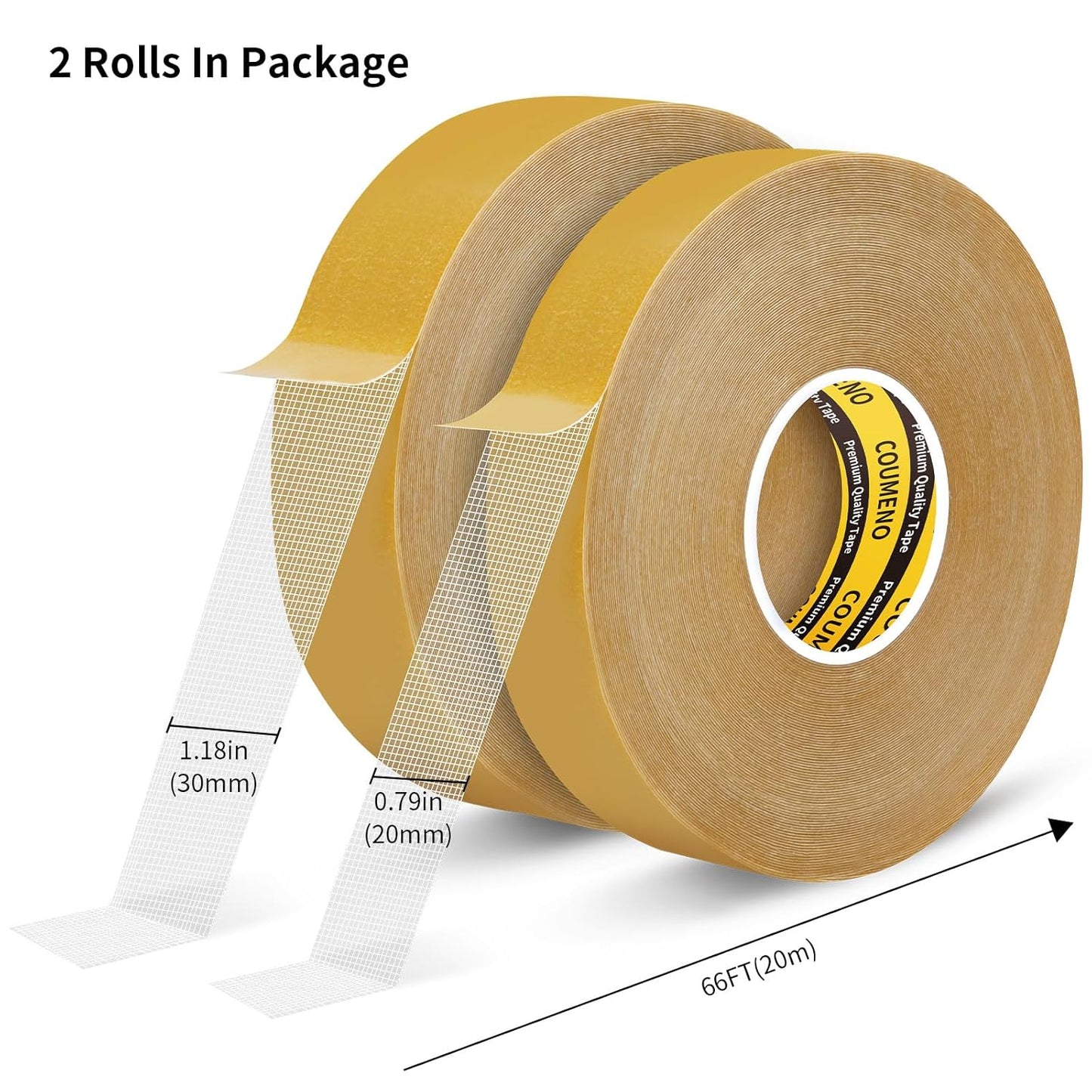 2Pack Double Sided Mounting Tape 1.18in/0.79inX66FT（Total 132FT Heavy Duty Strong Adhesive for Home and Office