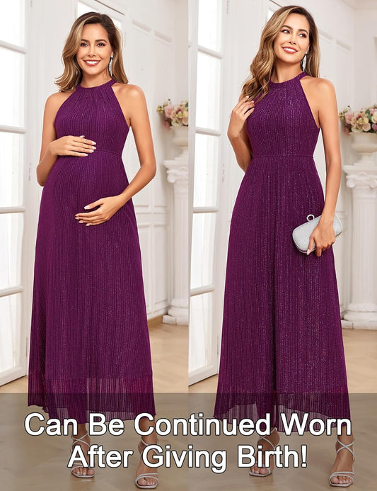 Maternity Sparkly Mesh Dress Halter Neck Sleeveless A Line Pregnancy Dresses Semi Formal Baby Shower Photoshoot