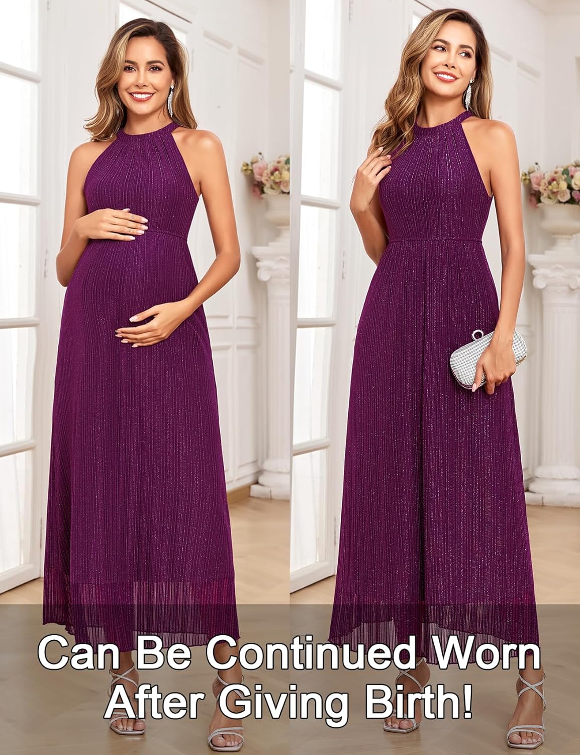Maternity Sparkly Mesh Dress Halter Neck Sleeveless A Line Pregnancy Dresses Semi Formal Baby Shower Photoshoot