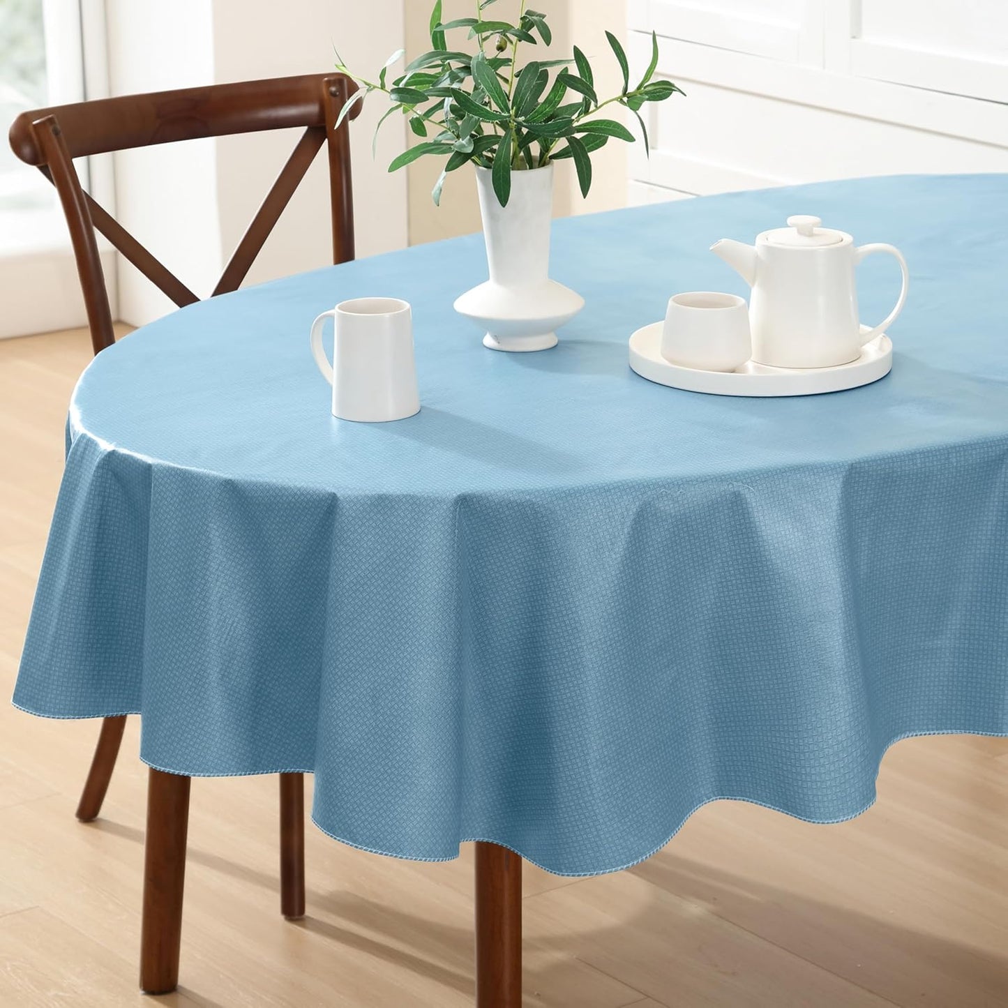 Newbridge Basketweave Vinyl Flannel Backed Tablecloth, 60 x 84 Inch Oval, Blue, Basket Weave Textured Indoor Outdoor Waterproof Table Cover for Patio, Kitchen, Dining