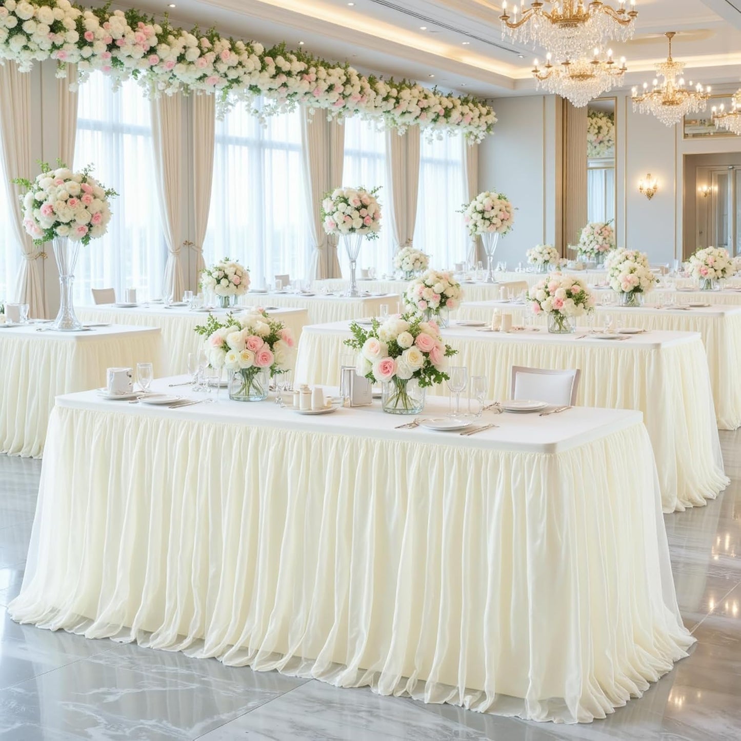2 Pack 6ft Ivory Tulle Tablecloth for Rectangle Tables 6 Foot Ivory Wedding Table Cloths Rectangular Wrinkle Free Table Cover with Tutu Skirt for Baby Shower Birthday Party Banquet Buffet Cake