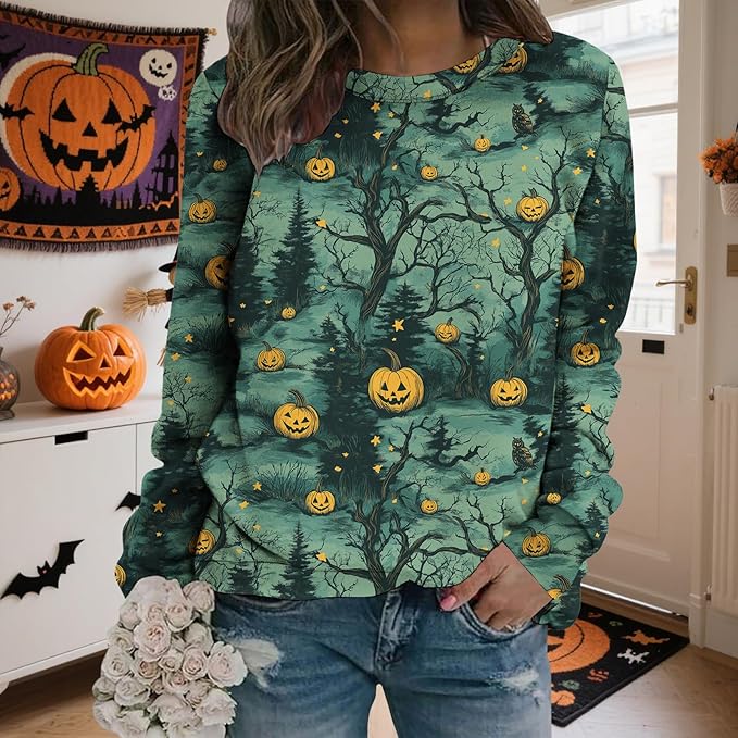 LIZALIG Pullover Cute Sweatshirt Orange Skeleton Fall Festive FunWomens Design Bat Holiday Party Outings Pumpkin Print