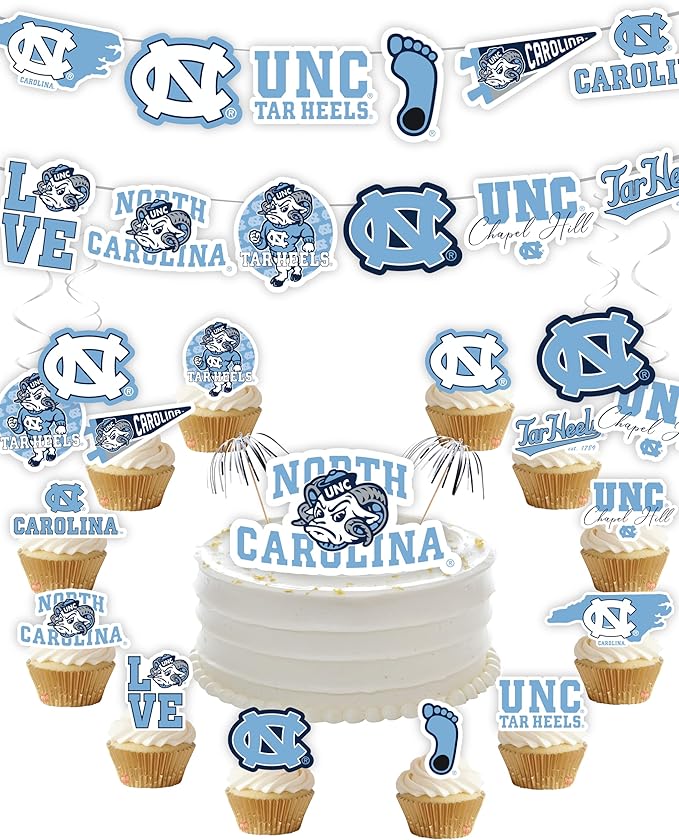 UNC Party Supplies for Football, Birthday Gift, Graduation Party Banner and Cake Toppers (42 Pieces) (North Carolina Tar Heels)
