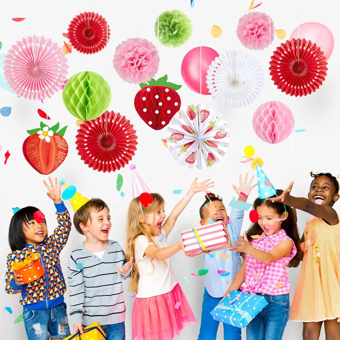 Strawberry Paper Fans, Strawberry Party Decorations, Berry First Birthday Decor, Pink Red White Green Tissue Paper Pom Poms Honeycomb for Birthday Girl Baby Shower Room Classroom