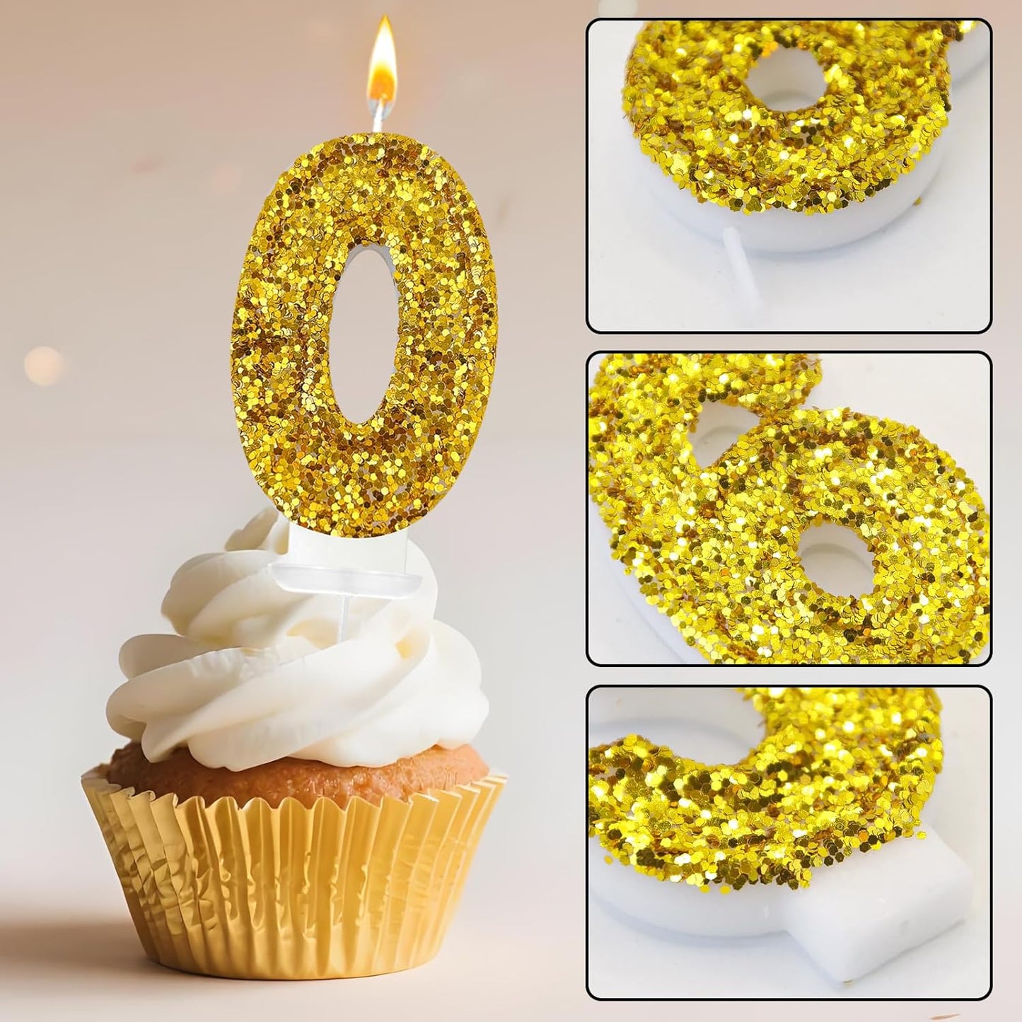 Birthday Number Candles, Glitter Number Candle Cake Decorations with Sequins, Cupcake Decorations for Girls, Women, Party Anniversary Celebrations (Number 0, Golden)
