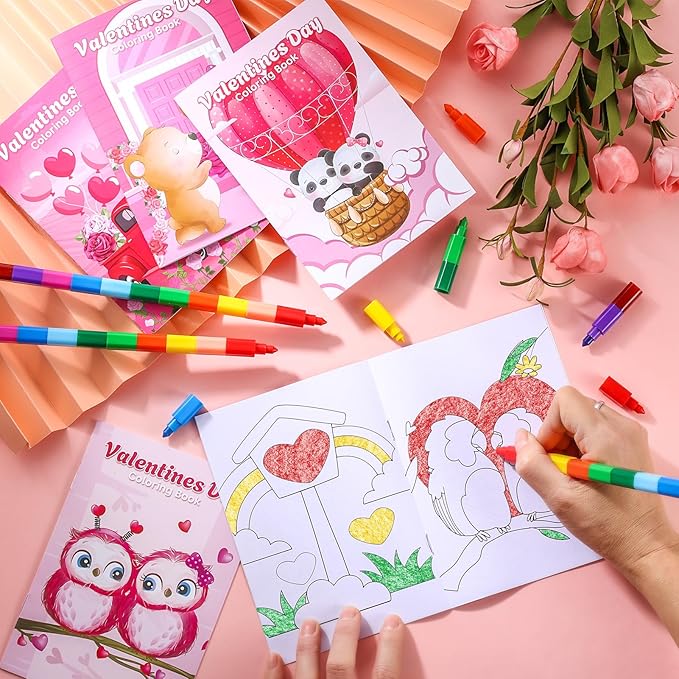 BenLouis 24 Valentines Day Mini Coloring Books Kids with 24 Stacking Crayons Valentines Day School Party Favors Activity Books Bulk for Kids Valentine's Day Goodie Bag Gift Stuffer Classroom Reward