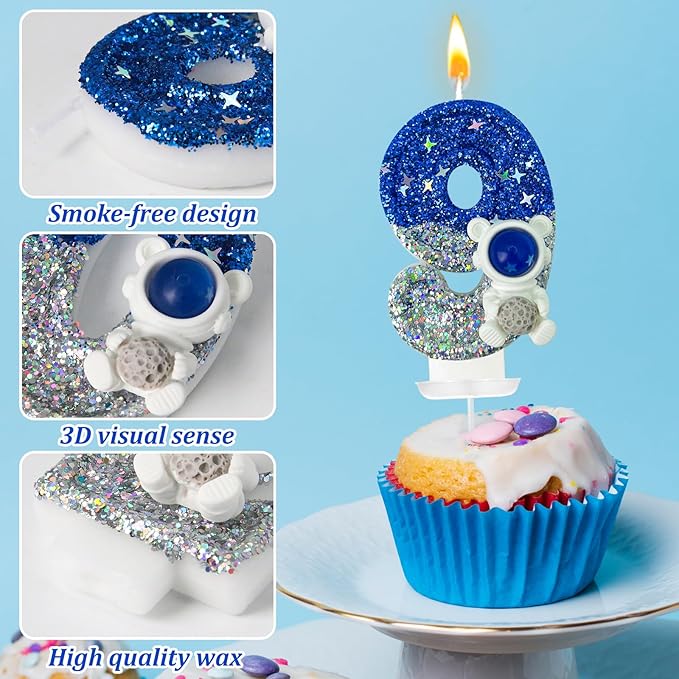 HXOUSE Astronaut 9th Birthday Candle - Space Universe Sparkler 9 Candle for Birthday Cake Boy, Topper for Party Decorations Anniversary Celebrations (Number 9)