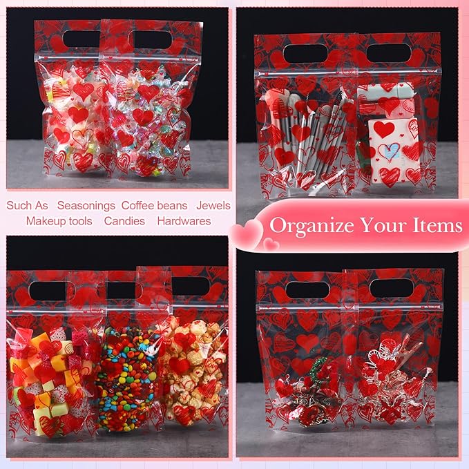 Blosssound 50 Pcs Valentines Day Gift Bags Resealable Love Plastic Bags Valentines Party Favor holder with Handle for Wedding Party Candy Gift Wrapping Supplies Decor (Love)