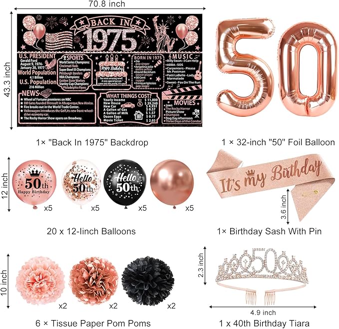 50th Birthday Decorations for Women – 59pcs Back in 1975 Party Supplies Backdrop, Banner, Honeycomb Centerpieces, Hanging Swirls, Foil & Latex Balloon, Cake & Cupcake Toppers, Sash, Pom Poms, Crown