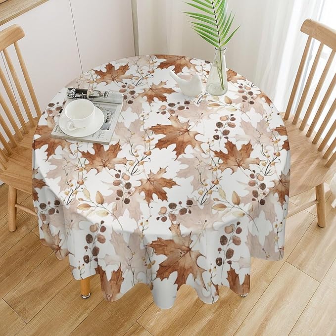 Thanksgiving Maple Leaves Tablecloth, Watercolor Autumn Harvest Fall Watercolor Blue Yellow Leaves Table Cover for Party Picnic Dinner Decor 60x60 Inch Round