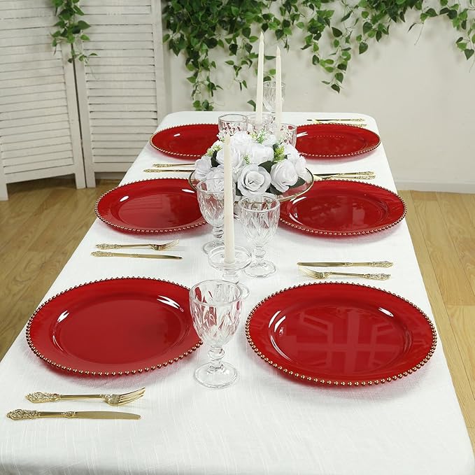 Efavormart 10-Pack Economy Plastic Charger Plates 13" Round Red with Gold Beaded Rim - Stylish Dinner Party Serving Plates