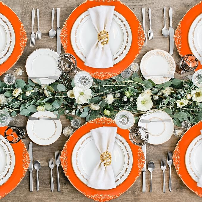 MAONAME Orange Charger Plates with Gold Rim, Round Antique Plate Chargers for Dinner Plates, 13" Plastic Charger for Wedding Table Setting, Set of 6