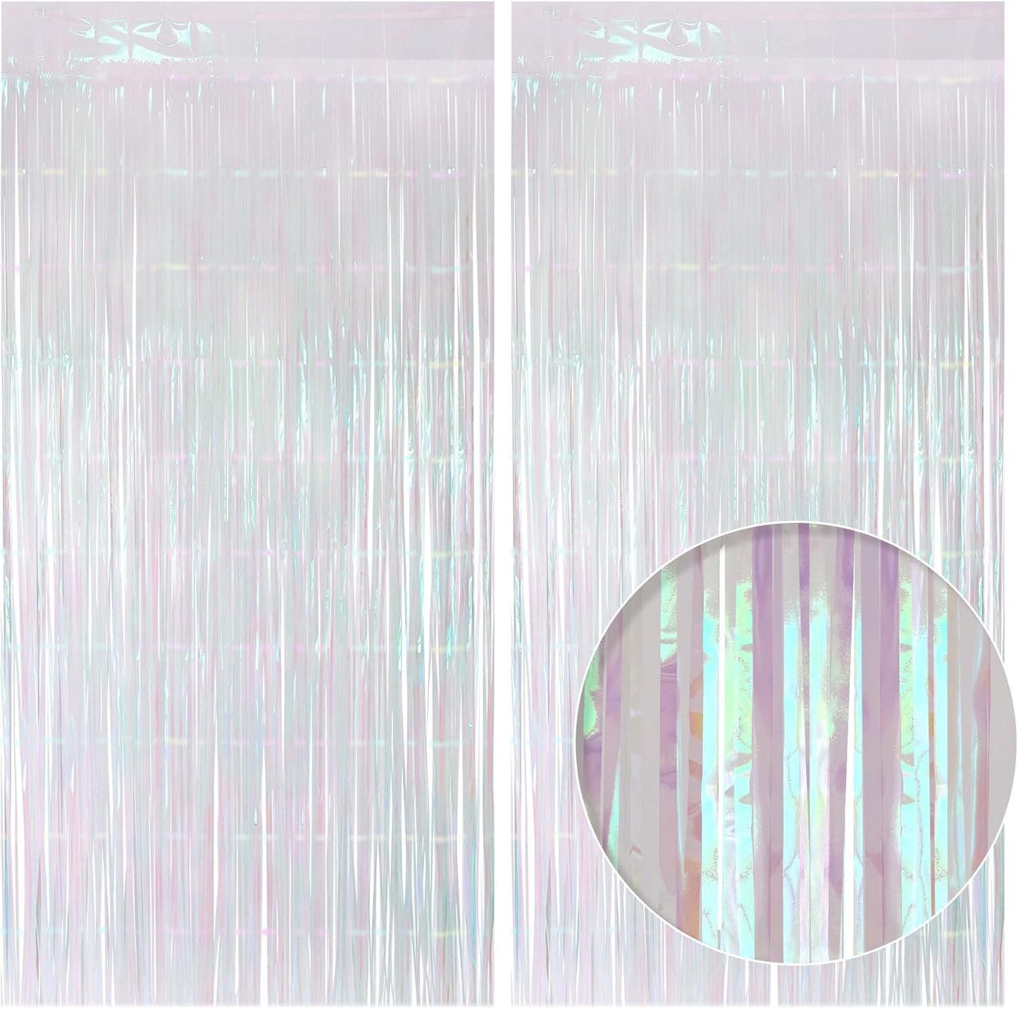 2 Pack White Iridescent Streamers Backdrop, 3.3x6.6ft Foil Fringe Curtains Silver Holographic Door Tinsel Streamers for Birthday, Wedding, Holiday, Bachelorette, Theme Party Decorations
