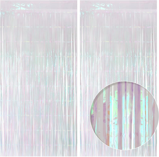 2 Pack White Iridescent Streamers Backdrop, 3.3x6.6ft Foil Fringe Curtains Silver Holographic Door Tinsel Streamers for Birthday, Wedding, Holiday, Bachelorette, Theme Party Decorations