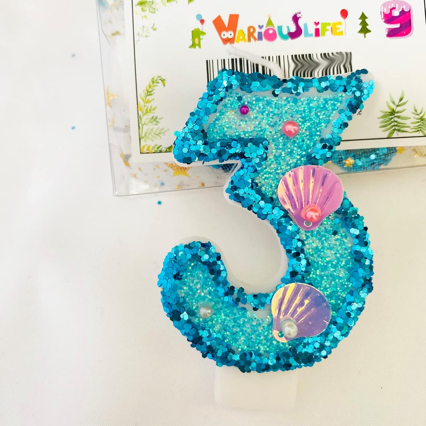Blue Number Candle,Shell Sequins Number Candles for Birthday Cakes Mermaid Themed Party Supplies Number 3 Candle