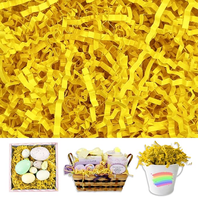 Tisspoms Lemon Yellow Crinkle Cut Paper Shred Filler, 2 LB Basket Filler Shredded Paper, Confetti Stuffing for Basket Filling, Halloween, Christmas, Birthdays, Gift Wrapping, Stuffer Party Supplies