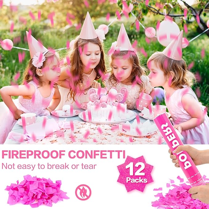 Confetti Cannon Pink 12 Pack Biodegradable Handheld Confetti Party Poppers for Weddings, Gender Reveals, Birthdays & Celebrations 12-Inch Twist Confetti Shooters for Party Fun