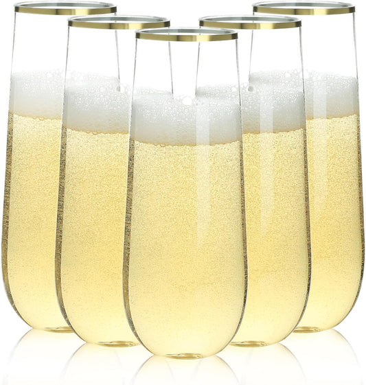48 Pack 9 oz Stemless Plastic Champagne Flutes, Clear Disposable Champagne Glasses Gold Rim, Shatterproof and BPA-Free Drinkware for Party & Graduation & Wedding