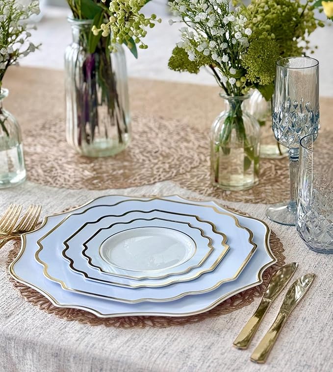 " OCCASIONS " 20 Pieces 13.25'' Scalloped Disposable/Reusable Plastic Charger Plates for Wedding, (Scalloped Imperial Blue & Gold)
