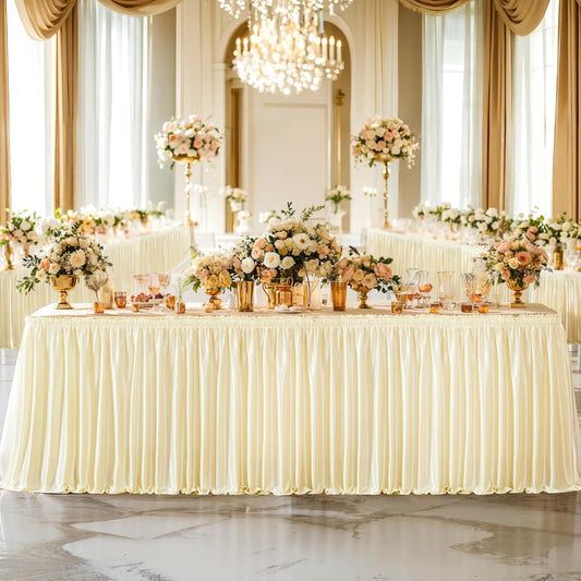 Wish Care 21ft Length Champagne Satin Table Skirt for Rectangle Tables Wrinkle Free Glitter Desk Skirts Pleated Ruffle Table Cloth for Wedding Birthday Bridal Shower Party Banquet Cake Table Decor