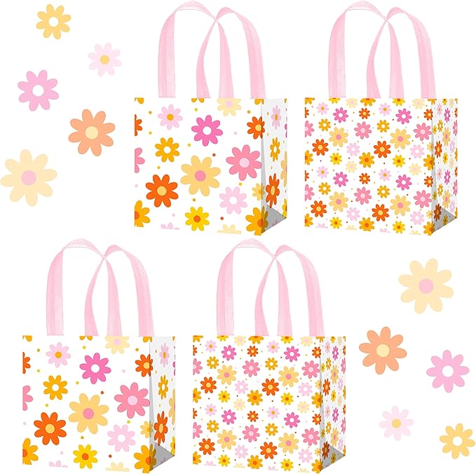 iPartyFun 12pcs Daisy Theme Gift Treat Bags with Handles Groovy Spring Flower Non-Woven Tote Bags 70s Groovy Hippie Chrysanthemum Daisy Decorations for Spring Summer Flower Birthday Wedding Supplies