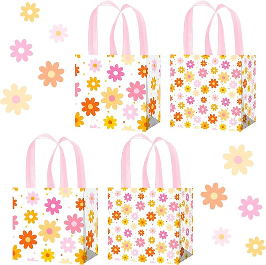iPartyFun 12pcs Daisy Theme Gift Treat Bags with Handles Groovy Spring Flower Non-Woven Tote Bags 70s Groovy Hippie Chrysanthemum Daisy Decorations for Spring Summer Flower Birthday Wedding Supplies