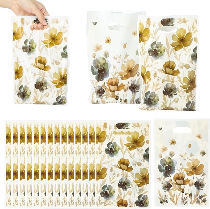 3sscha 50Pcs Brown Poppy Party Favor Bag - Flower Plastic Waterproof Goodie Bags Spring Summer Bloom Floral Rectangular Gift Bags for Birthday Centerpiece Decoration Party Supplies