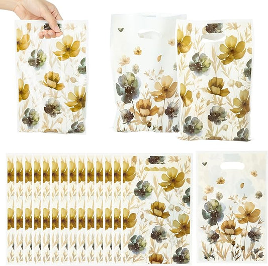 3sscha 50Pcs Brown Poppy Party Favor Bag - Flower Plastic Waterproof Goodie Bags Spring Summer Bloom Floral Rectangular Gift Bags for Birthday Centerpiece Decoration Party Supplies