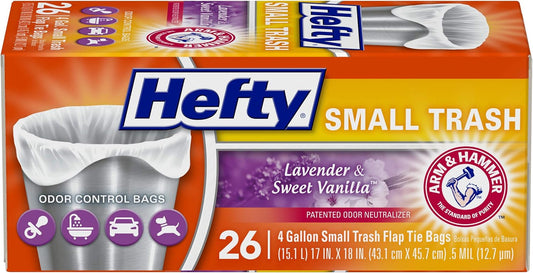 Hefty Small Garbage Bags, Flap Tie, Lavender & Sweet Vanilla Scent, 4 Gallon, 26 Count (Pack of 12)