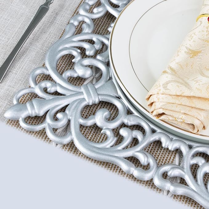 MAONAME 12" Silver Charger Plates Set of 6, Mirror Charger for Dinner Plates, Plastic Plate Chargers with Embossed Rims, Square Chargers for Table Setting, Wedding