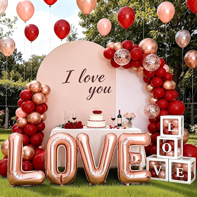 Valentines Day Party Decorations, Balloon Boxes with Letters/ 32" LOVE Balloons/Rose Gold and Red Balloons for Galentines Mothers Day Wedding Proposal Engagement Anniversary Party Decorations