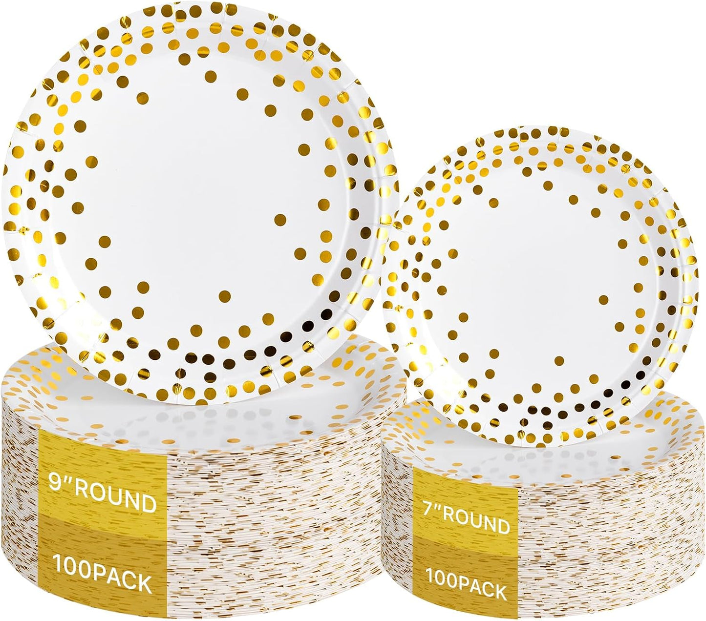 Lullaby 200PCS White Paper Plates, Disposable White and Gold Paper Plates, 100pcs Dinner Plates 9", 100pcs Dessert Plates 7", Party Plates with Golden Dot for Birthday, Gathering