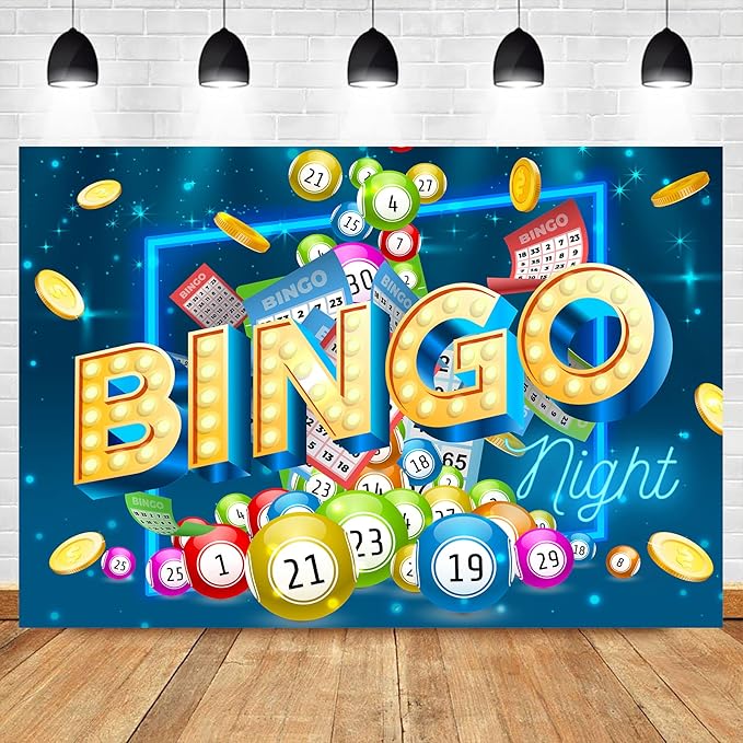 Homewelle Bingo Night Backdrop 8Wx6H Feet Polyester Fabric Snooker Game Time Decoration Cards Coins Contest Winning Ball Gaming Party Colorful Adults Man Cool Photography Background Photo Shoot Props