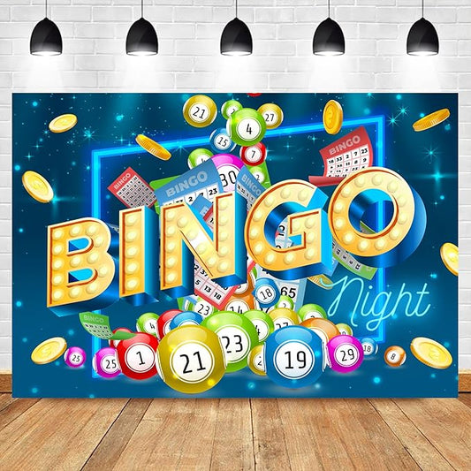 Homewelle Bingo Backdrop 7Wx5H Feet Night Theme Polyester Fabric Snooker Game Time Cards Coins Contest Winning Ball Party Decoration Colorful Adults Gaming Photography Background Photo Shoot Props