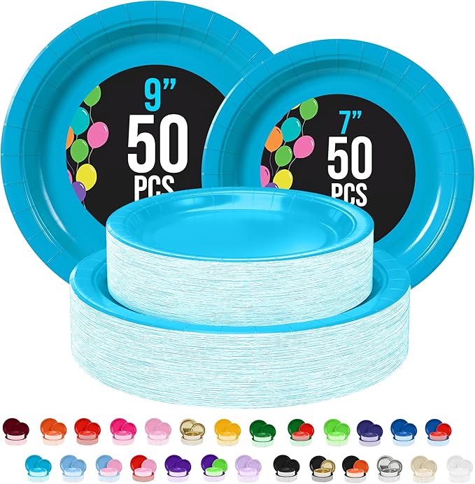 Exquisite Turquoise Paper Plates Disposable Heavy Duty 100 Pcs - 50-7" & 50-9" Turquoise Disposable Plates For Party Heavy Duty Paper Plate 350 GSM Birthday Party Supplies Plate Set