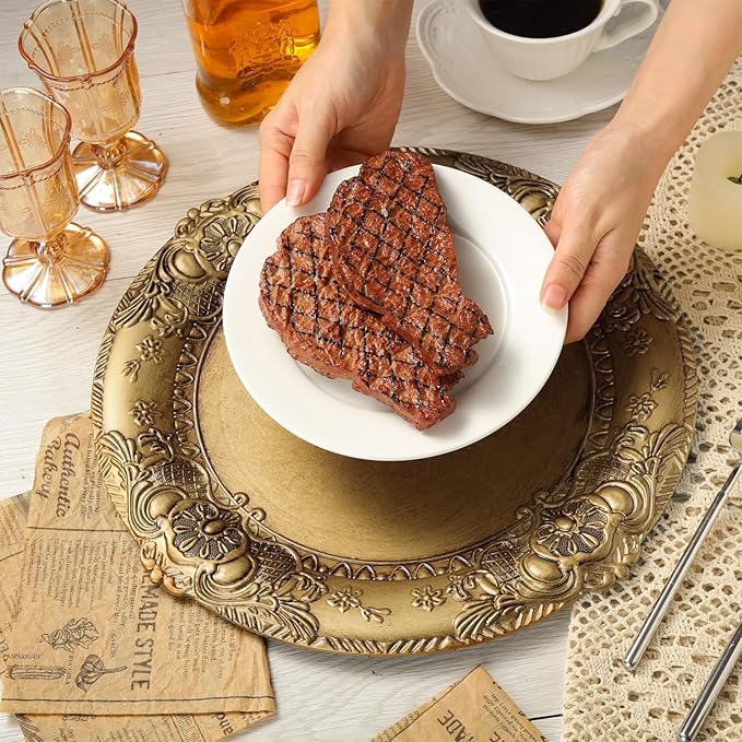 Mifoci Antique Gold Charger Plates Set of 12 Plastic Gold Chargers for Dinner Plates Decorative 13" Round Plate Bulk with Embossed Rim for Dinner, Party, Wedding