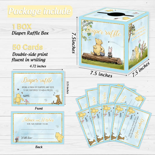 Winnie Baby Shower Decorations-50PCS Winnie Baby Shower Games Cards-Pooh Party Decorations-Baby Shower Diaper Raffle Box-blue