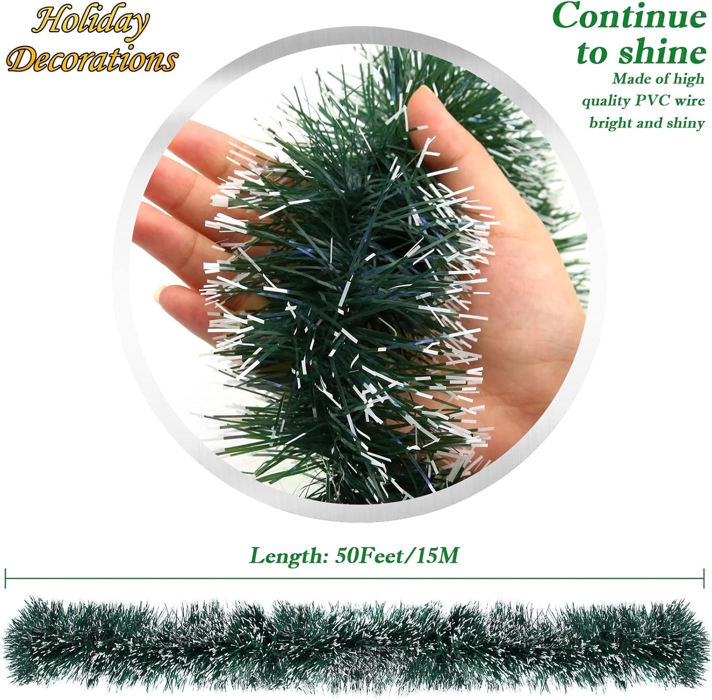 50Ft Christmas Tinsel Garland, Green Metallic Twist Garland for Christmas Tree Decorations, Xmas Tree Decor for Holiday Party Supplies (Green)