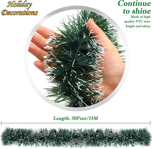 50Ft Christmas Tinsel Garland, Green Metallic Twist Garland for Christmas Tree Decorations, Xmas Tree Decor for Holiday Party Supplies (Green)