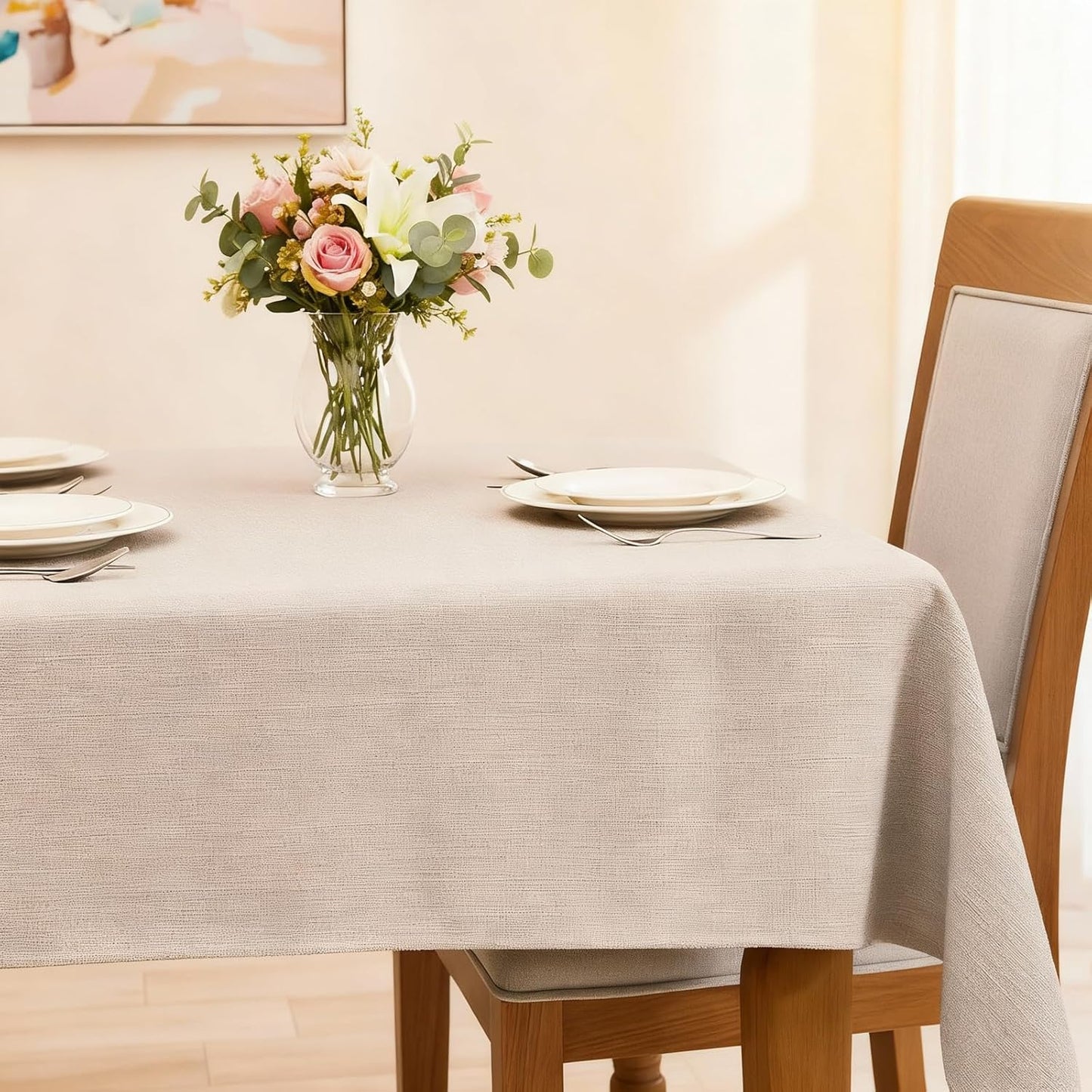 SEASHORE TREE Rectangle Tablecloth Linen Textured Table Cloths 55 x 71 Inch Waterproof Spill-Proof Wipeable Wrinkle Free Dining Table Cover for Buffet Party Wedding Outdoor and Indoor Use, Beige