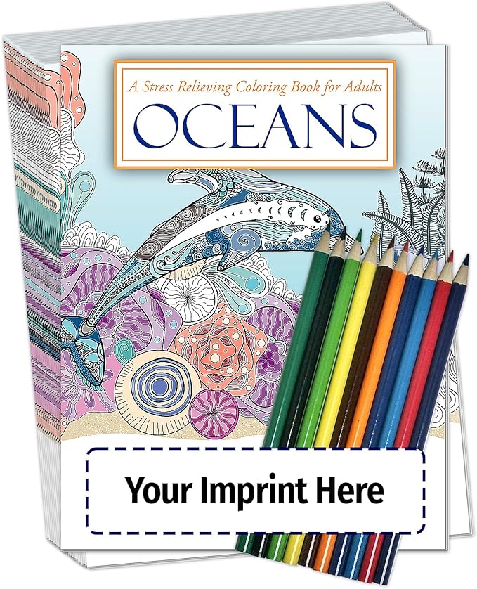 ZOCO Oceans – Custom Coloring Books – 150 Bulk Pack with Pencils – Relaxation Gifts for Adults, Seniors & Teens – Great for Wellness Programs, Group Activities & Assisted Living – Add Your Imprint