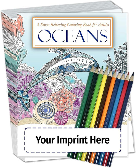 ZOCO Oceans – Custom Coloring Books – 150 Bulk Pack with Pencils – Relaxation Gifts for Adults, Seniors & Teens – Great for Wellness Programs, Group Activities & Assisted Living – Add Your Imprint