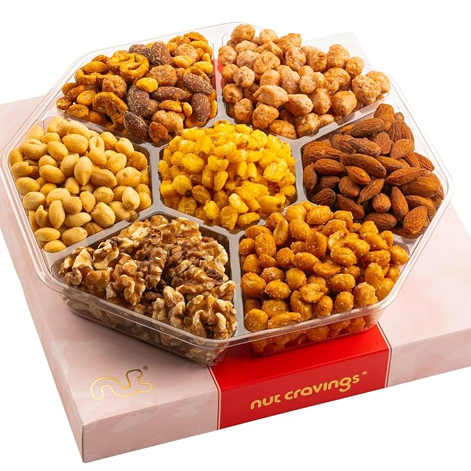 NUT CRAVINGS - Halloween Treats For Adults Mixed Nuts Gift Basket in Red Gold Classic Box (7 Assortments, 1 LB) Holiday Xmas Christmas Food Arrangement, Healthy Snack Care Package, Food Assortments
