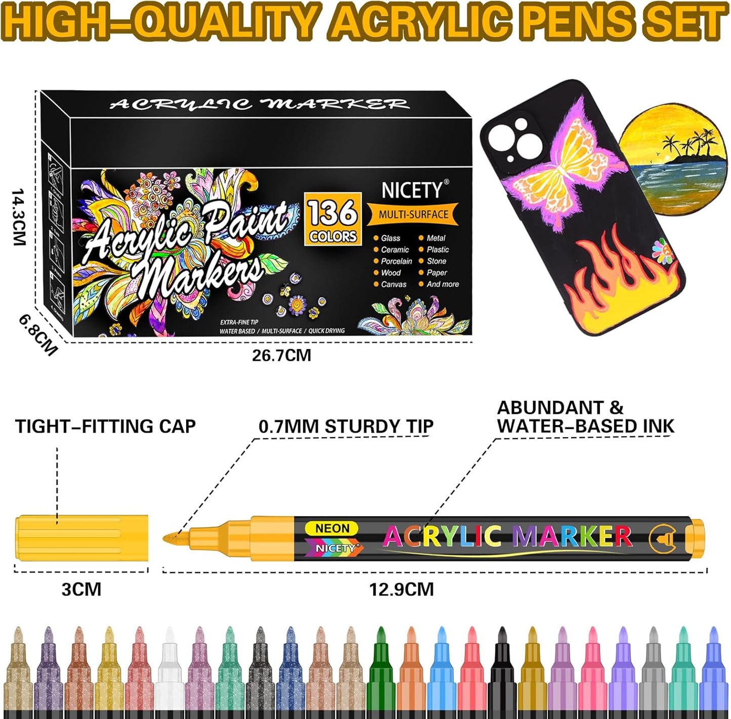 NICETY 136 Colors Acrylic Paint Markers, Extra Fine Tip Point Acrylic Paint Pens for Rock Painting, Canvas, Wood, Ceramic, Glass, Stone, Fabric, Crafts & Art Supplies