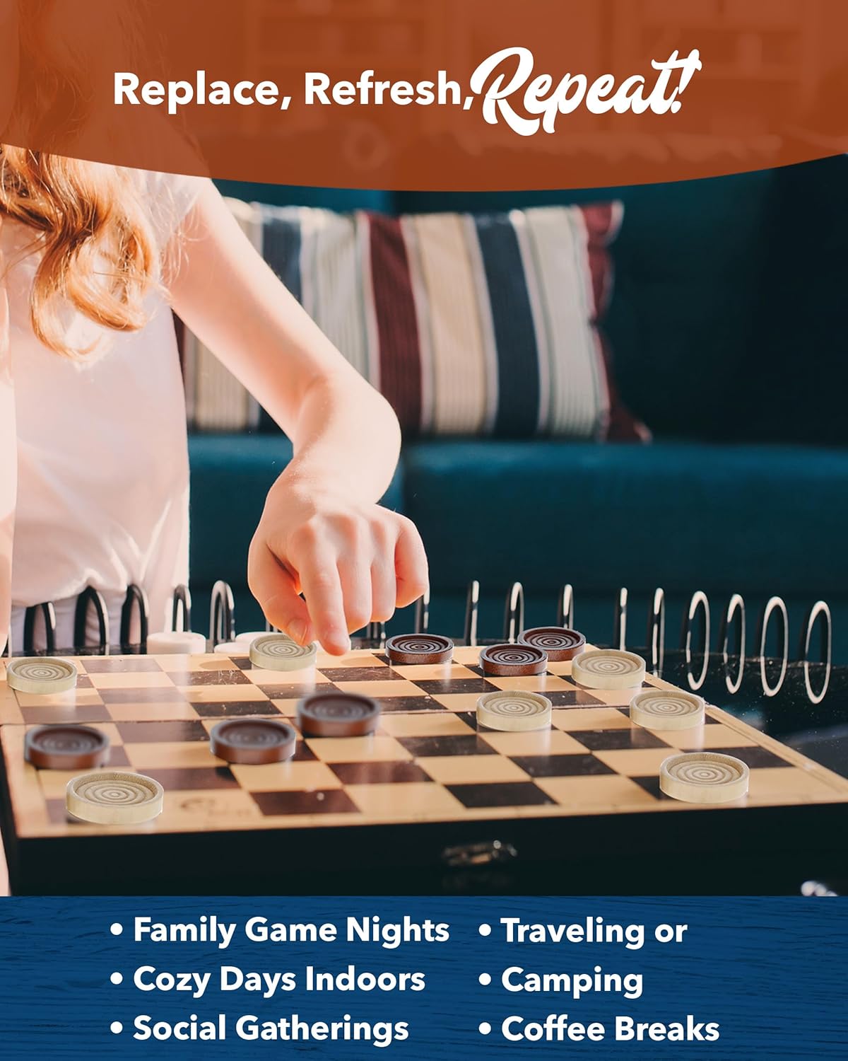 WE Games Wooden Checkers Pieces Only (1.5 inch), Checker Board Game & Backgammon Pieces, 24 Brown and Natural Stained Stackable Ridges with a Drawstring Storage Bag, Replacement Game Piece